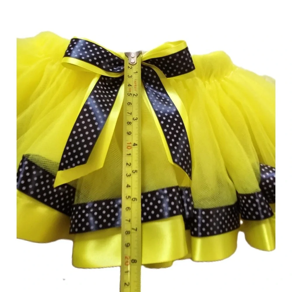 Handmade Girls Yellow Tutu Skirt Black Polka Dot Ribbon Dance Costume Birthday